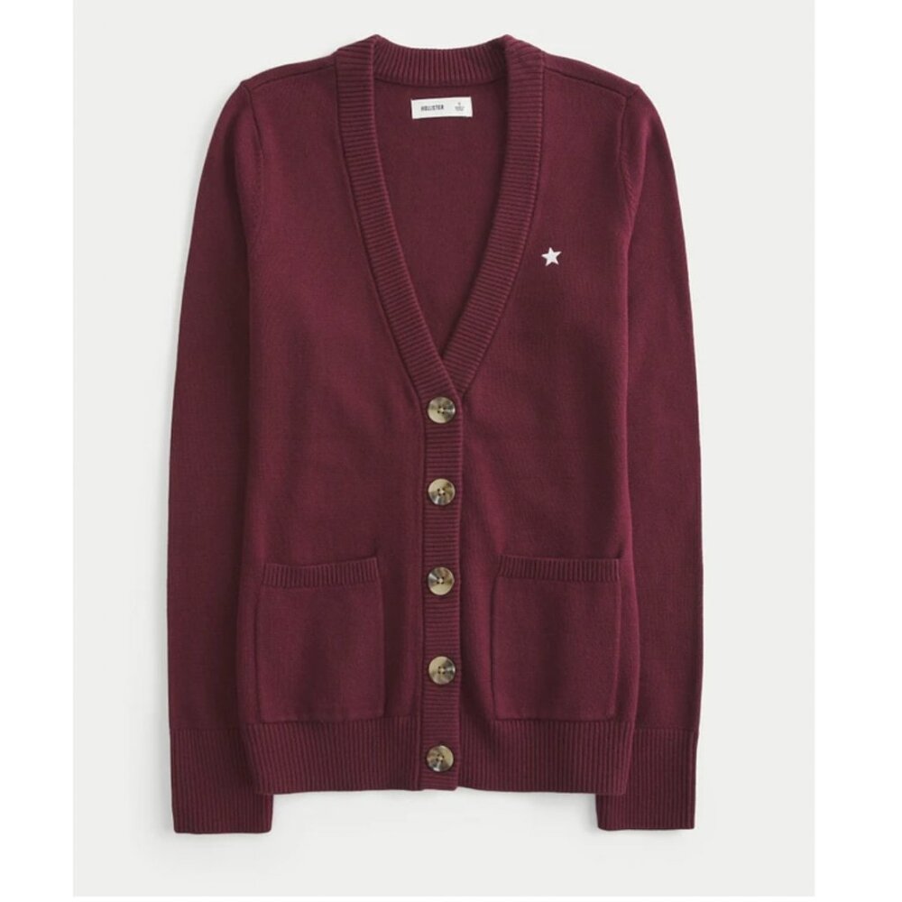 NEW Hollister V-Neck Cardigan Sweater Star Logo Burgundy Button Front Size S